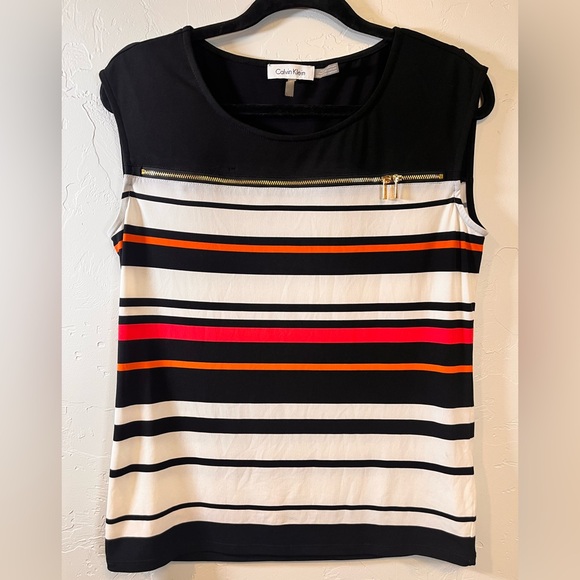 Calvin Klein Stiped Tank Top Blouse with Gold Zipper Embellishment Medium - Picture 1 of 5
